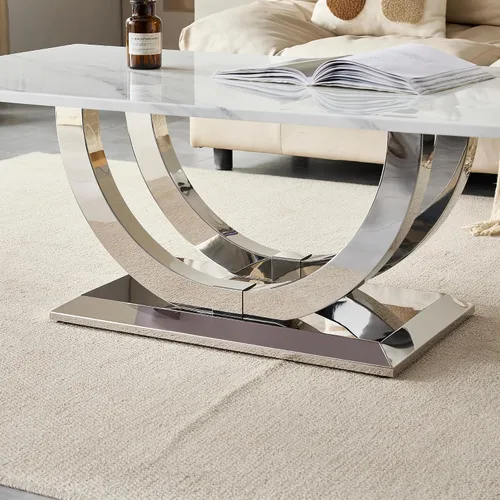 Vista 8 de Mesa auxiliar moderna de 50.4 pulgadas, mesa central de mármol sintético blanco con base de acero inoxidable en forma de U plateada, mesa de cóctel