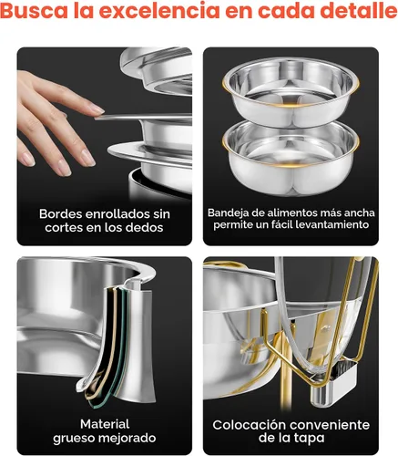 Vista 3 de VEVOR Juego de bufé de calentador de comida, 5 cuartos de galón, paquete de 4, de acero inoxidable con 4 bandejas de tamaño completo, servidor