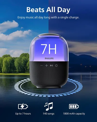 Vista 5 de Philips S2108 Altavoz Bluetooth portátil, 5 W RMS, 7 horas de reproducción, emparejamiento estéreo TWS, efectos de luz LED, carga USB-C, graves