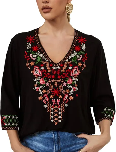 Vista 8 de AK Women's Boho Embroidered Tops 3/4 Sleeve Mexican Peasant Shirts Bohemian Loose Tunic Blouses 355-negro