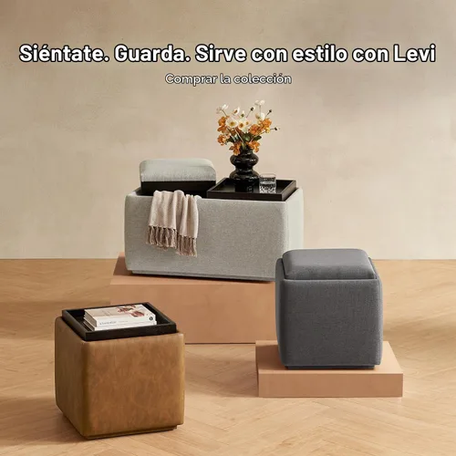Vista 9 de mopio Levi - Otomana de almacenamiento con bandeja reversible, mesa de centro cuadrada tipo baúl moderna, otomana de taburetes tapizados