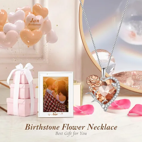 Vista 4 de VOROCO Collar de piedra natal de cristal en forma de corazón con flores de cumpleaños, collar de plata de ley 925 con colgante de amor para mujer