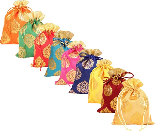 Vista 2 de Touchstone Bolsas de cordón tradicionales indias hechas a mano en tejido brocado con patrón de hojas de ficus. Perfecto para regalos, joyas, bodas