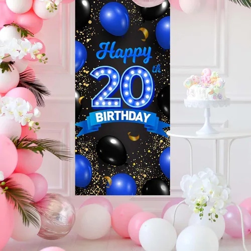 Vista 7 de Cartel de fondo azul y negro de feliz cumpleaños número 20, decoración temática de globos de confeti para niñas y mujeres de 20 años, decoraciones