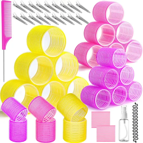 Vista 8 de 39 piezas de rulos autoadhesivos de 3 tamaños - Negro de 2.5 pulgadas, 1.9 pulgadas, 1.4 pulgadas con clips de pico de pato para cabello largo