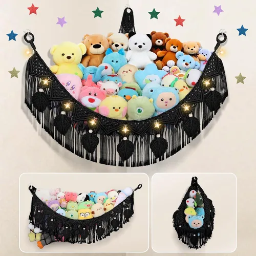 Vista 10 de Hamaca Esquinera para Animales de Peluche - Jumbo de 56'' Hecha a Mano con Cordón Doble de Macramé de 5mm, Red de Almacenamiento de Animales