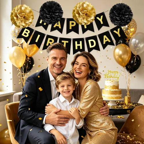 Vista 4 de Adornos de cumpleaños para hombres y mujeres, adornos de fiesta negros y dorados, cartel de feliz cumpleaños con globos negros y dorados, mantel