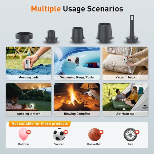 Vista 5 de Bomba de aire para inflables, mini bomba de aire con batería de 1600 mAh y luz de campamento recargable por USB para inflar rápidamente, desinflar