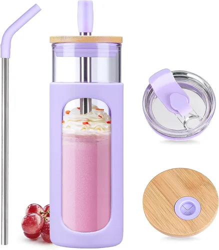 Vista 25 de Kodrine Vaso para agua de vidrio de 20 onzas con popote y tapa, botella de agua con tapas de bambú, taza para café helado, reutilizable, boca ancha