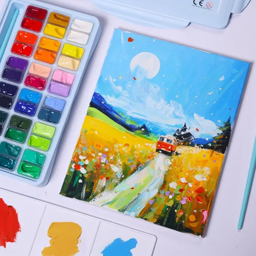 Vista 6 de HIMI - Juego de pintura gouache, 36 colores x 0.4 fl oz, diseño de taza de gelatina doble con 3 pinceles de pintura y una paleta en un estuche