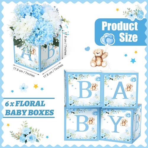 Vista 3 de Bucherry - 6 cajas de centro de mesa de baby shower con letras de "bebé", cajas de flores, decoración de mesas para baby shower, cumpleaños, Azul