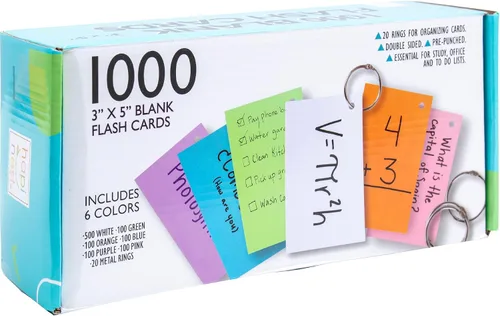 Vista 2 de Hapinest 1000 tarjetas flash en blanco, tarjetas de índice de colores de 3 x 5 con 20 anillos de carpeta, tarjetas de índice sin rayas sin rayas