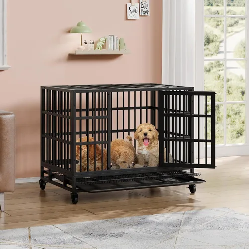 Vista 2 de Vongrasig Jaula para perros indestructible resistente de 38 pulgadas, a prueba de escape, con ruedas bloqueables, jaula para perros de doble puerta