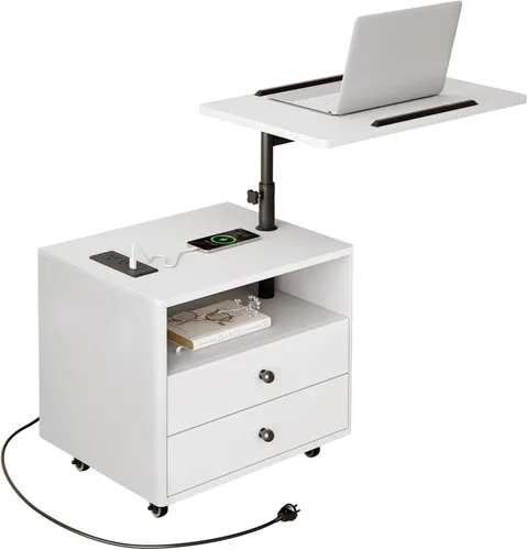Vista 11 de Mesa auxiliar estrecha con estación de carga y ruedas, mesa auxiliar de sofá estrecha móvil con puertos USB y salidas para espacio pequeño, sala