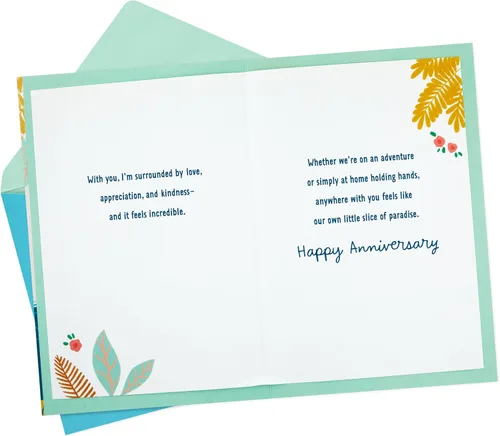 Vista 2 de Tarjeta de aniversario Hallmark para esposo, esposa, novio, novia (Juntos) Couple Under Umbrella Artwork, Gold Foil Accents, Card Measures 5.8 X