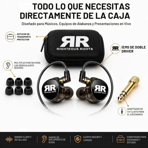 Vista 2 de Righteous Roots RR-EV1 - Monitores intrauditivos profesionales de doble controlador (IEM) con estuche de transporte, auriculares de escenario