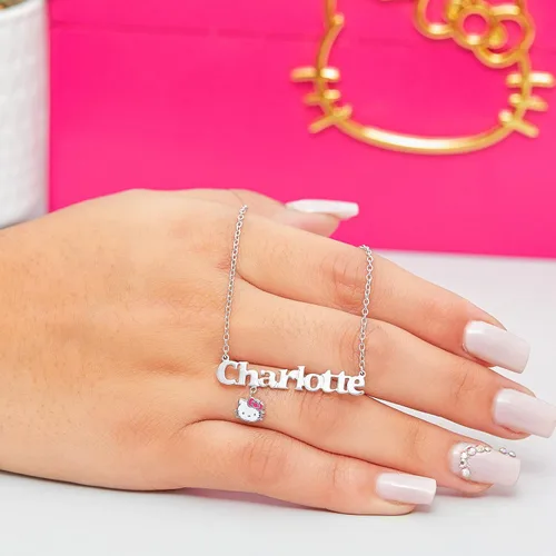 Vista 3 de Hello Kitty Collar con nombre personalizado plata chapada en oro de 14 quilates y collar con nombre personalizado cara