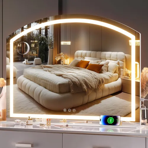 Vista 10 de Hasipu Espejo de tocador con luces, espejo de maquillaje LED arqueado de 14 x 18 pulgadas, espejo de maquillaje iluminado con luces, control táctil