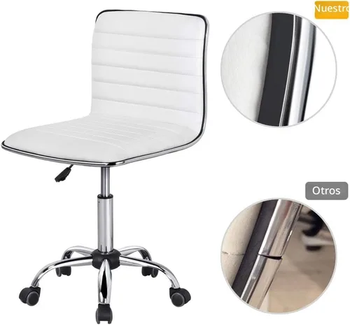 Vista 7 de Yaheetech White Armless Vanity Desk Chair with Wheels, Ribbed PU Leather Blanco