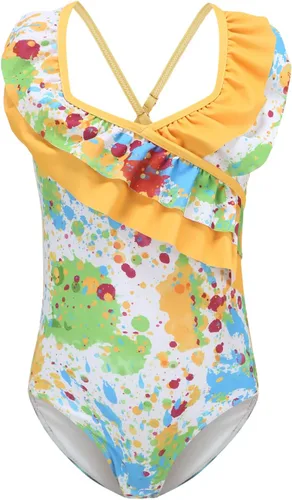 Vista 17 de Trajes de baño de una pieza para niñas, traje de baño de arcoíris a rayas Cruz con volantes de bandera americana