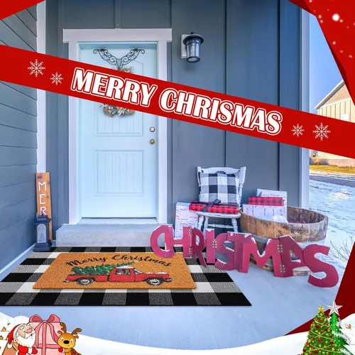 Vista 5 de Geelin 2 Tapetes de Puerta de Navidad, Felpudo Delantero Navideño a Cuadros Buffalo Blanco y Negro, Alfombra Decorativa de Árbol de Navidad