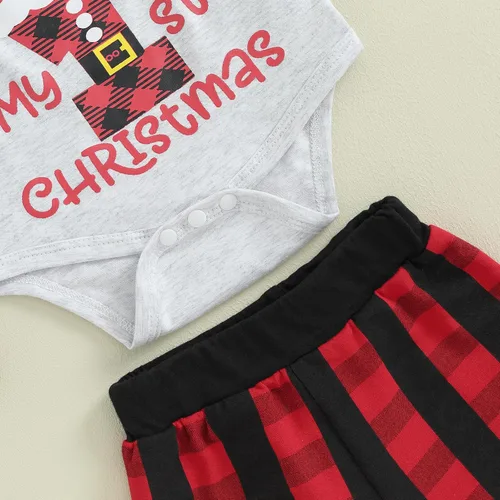 Vista 7 de My First Christmas - Conjunto de mameluco para bebé recién nacido, caballero, mameluco, pantalones a cuadros, ropa de Navidad, My First Christmas