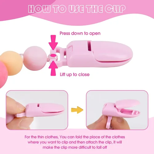 Vista 4 de Aori Clips para Chupetes para Muñecas Rebron de Bebé, Soportes de Silicona con Chupete Magnético - Rosa