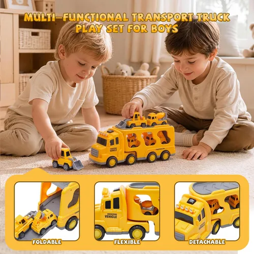 Vista 2 de 5 in 1 Construction Truck Toys for Toddlers 3-5, Carrier Transport Trucks