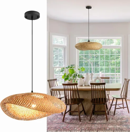 Vista 2 de lámpara colgante de bambú de 19.7 pulgadas estilo granja con enrejado de ratán para comedor, luces boho, accesorio de iluminación para isla