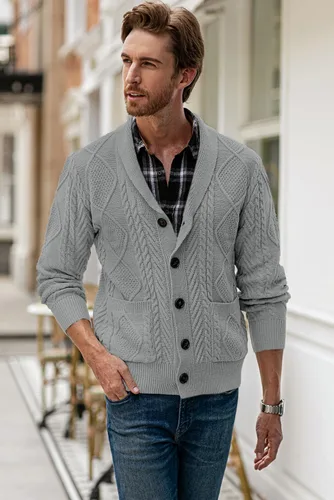 Vista 8 de JMIERR Men's Casual Long Sleeve Shawl Collar Buttons Down Cable Knit Cardigan Sweater with Pockets