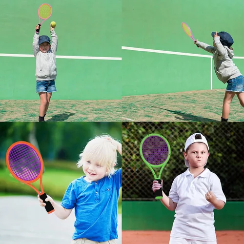 Vista 5 de Raqueta de tenis para niños, raqueta de tenis de plástico de 17 pulgadas con 2 bolas suaves, 2 pelotas de tenis y 4 volantes para niños