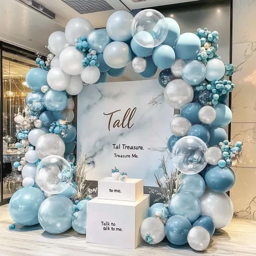 Vista 7 de Guirnalda de globos azul empolvado y blancos, kit de arco de globos Bobo de perlas azul claro con doble relleno para cumpleaños, baby shower, boda
