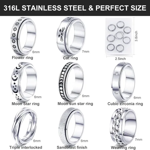 Vista 7 de BiCINE Anillo para la ansiedad para mujeres y hombres 8 unidades anillos para la ansiedad de acero inoxidable anti ansiedad anillos giratorios