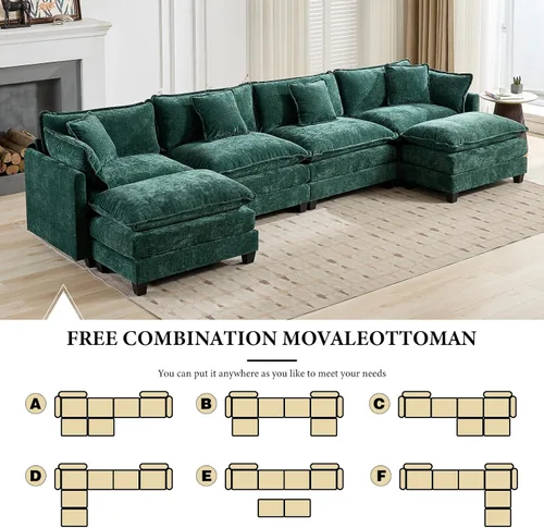 Vista 281 de Sofá seccional modular verde de 111.5", sofás seccionales grandes de 3 plazas para sala de estar, sofá nube oversized de tela chenille con otomana