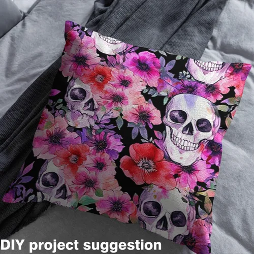 Vista 4 de The Yard - Tela de esqueleto de flores en acuarela para sillas, exótica, tribal, floral, estampado de calavera, tela de tapicería para artes, plumas