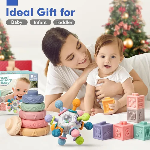 Vista 7 de Conjunto de Juguetes Sensoriales y de Dentición para Bebés, Juguetes Montessori para Bebés de 6-12 Meses, Incluye Sonajero, Mordedor para Recién
