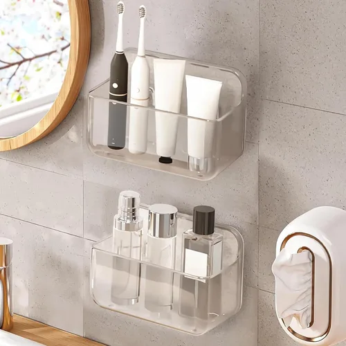 Vista 10 de Diesisa Organizador de Pared de 2 Piezas de Acrílico, Organizador Adhesivo Transparente para Puerta de Gabinete, Estantes de Baño para Pared, Sin