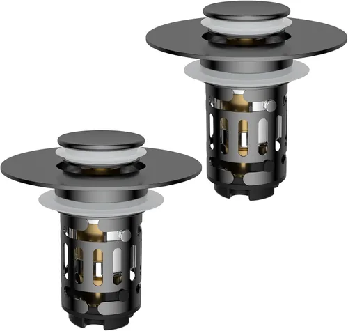 Vista 24 de Hibbent Colador de drenaje de lavabo de baño 3 en 1 mejorado, tapón universal desplegable con cesta de filtro de acero inoxidable extraíble atrapa