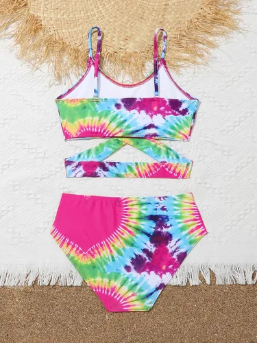 Vista 5 de SOLY HUX Traje de baño de 2 piezas para niña, teñido anudado, estampado de corazón, conjunto de bikini cruzado