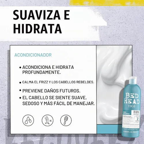 Vista 5 de Bed Head by TIGI Urban Antidotes Recovery Champú hidratante para cabello seco y dañado, sin sulfato, 25.36 onzas líquidas