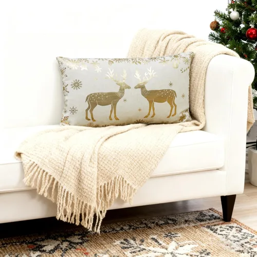 Vista 2 de JWH Funda de almohada decorativa de ciervos amantes de la Navidad, con estampado dorado, funda de almohada de lino, cojín de invierno