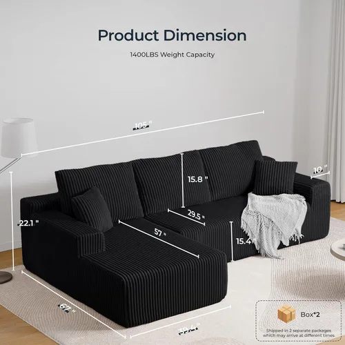 Vista 2 de Sofá modular Cloud de 105 pulgadas, sofá modular en forma de L con asiento profundo, sofás sin hueso para sala de estar y dormitorio, tapicería