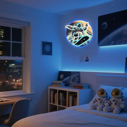 Vista 6 de Monopatín de astronauta, letrero de neón con impresión UV, letrero acrílico para decoración de pared, luz de neón para dormitorio, bar, cafetería