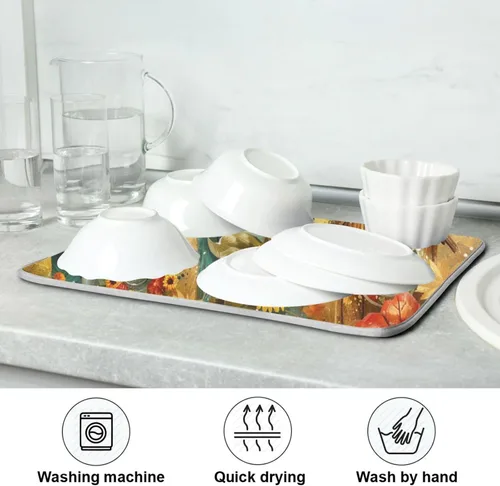 Vista 7 de Tapete de secado de platos de 16 x 18 pulgadas para encimera de cocina, hojas de arce y hojas de arce, tapete de microfibra reversible para secar