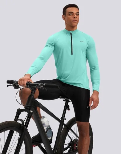 Vista 6 de Bikewa Maillot de ciclismo para hombre con 3+1 bolsillos traseros con cremallera, manga larga, absorción de humedad, UPF 50+ media cremallera