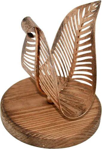 Vista 8 de OwlGift Servilletero moderno independiente con hoja de metal de bronce y diseño de base de madera marrón, dispensador de pañuelos de mesa