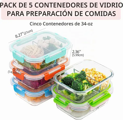 Vista 2 de [Paquete de 5, 34 onzas] Juego de recipientes de vidrio con tapa y 2