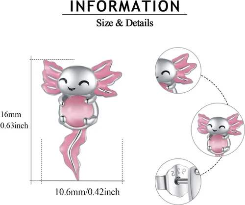 Vista 3 de Axolotl - Aretes de tuerca para mujer, de plata de ley 925, hipoalergénicos, joyería de animales