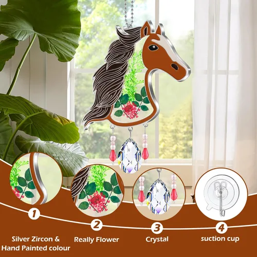 Vista 4 de KY&BOSAM Atrapasoles de cristal pintado a mano con cabeza de caballo, campanilla de viento con flor prensada incrustada en ventana de cristal, Día