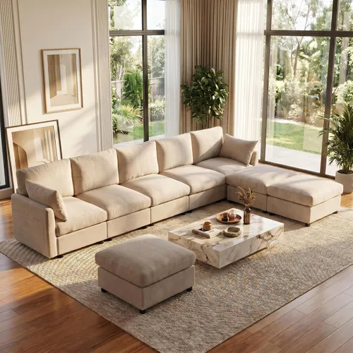 Vista 19 de Iroomy Sofá modular modular para sala de estar, asiento con cojín de resorte, moderno sofá convertible en nube con otomana, gris